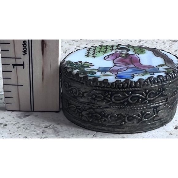 Asian Pewter Pill Case with Mirror Asian woman Sitting on Bench - Picture 6 of 9